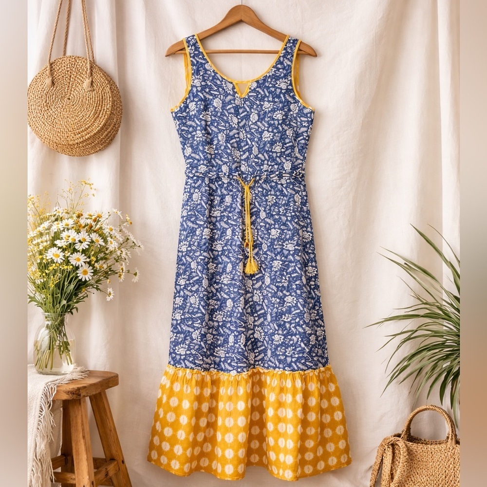 Matilda Jane Womens M Blue Floral Boho Maxi Dress Yellow Tassel Tie
